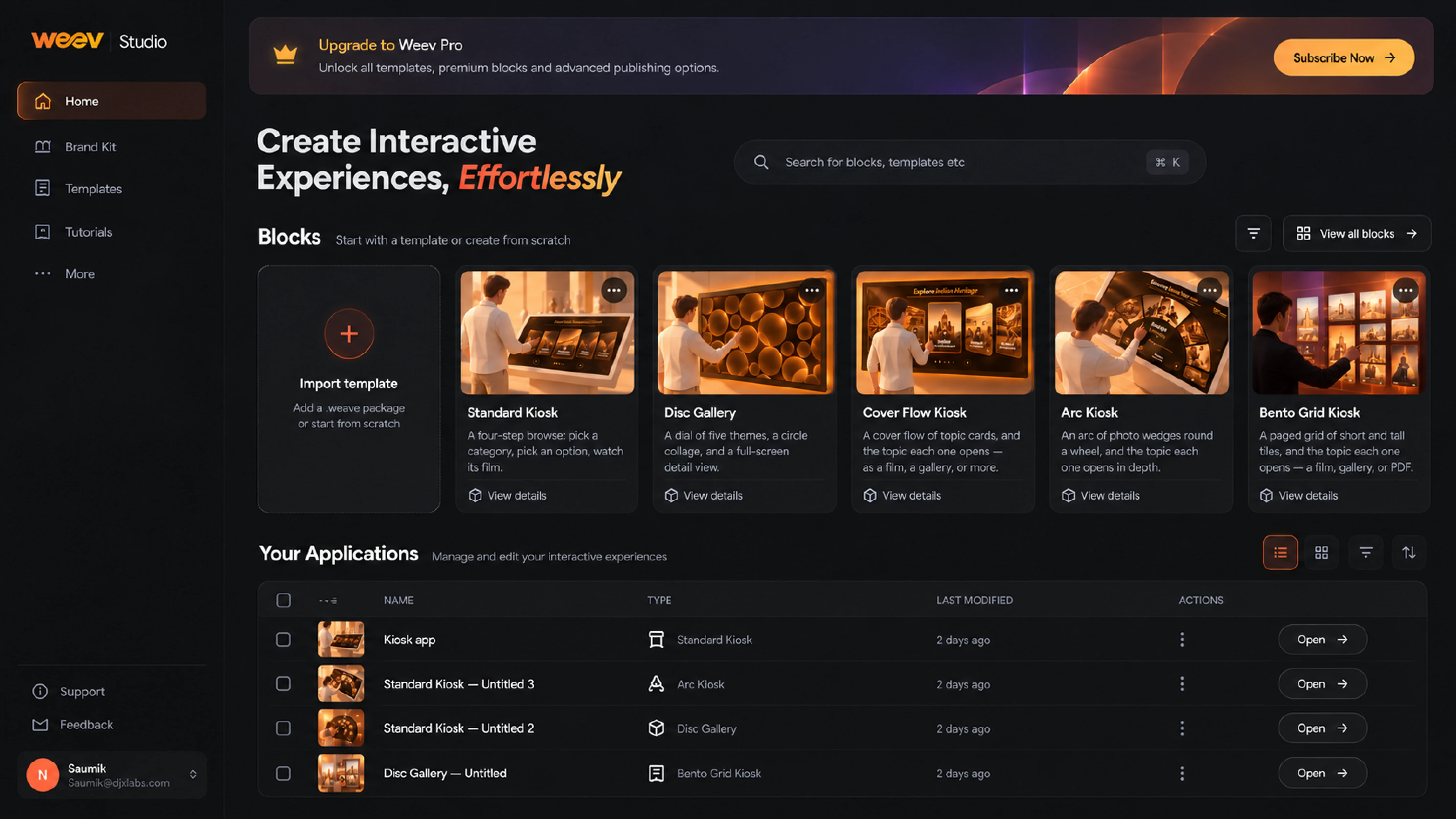 WEEV Studio home showing Blocks, templates and interactive applications