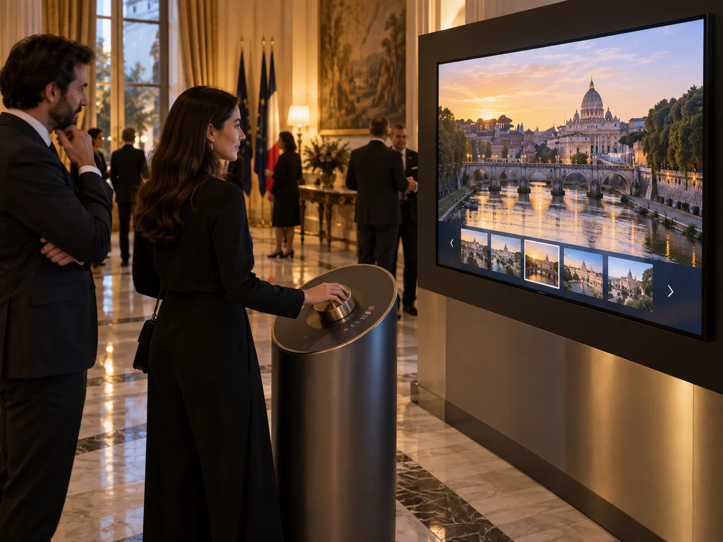 Illustrative Dial installation in Embassies, showing visitors using the experience