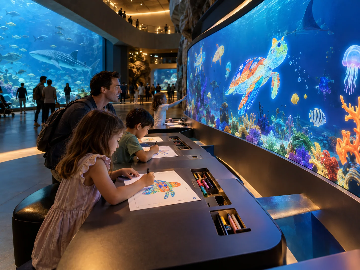 Illustrative Draw installation in Aquariums, showing visitors using the experience
