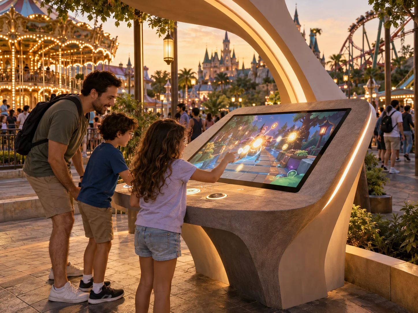Illustrative Gamification installation in Amusement parks, showing visitors using the experience