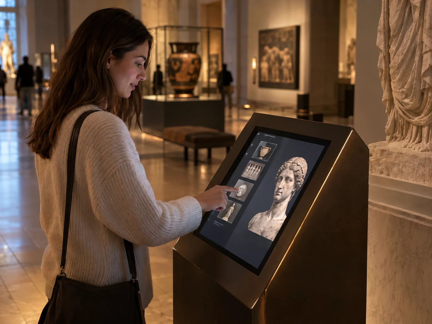 Illustrative Kiosk installation in Museums, showing visitors using the experience