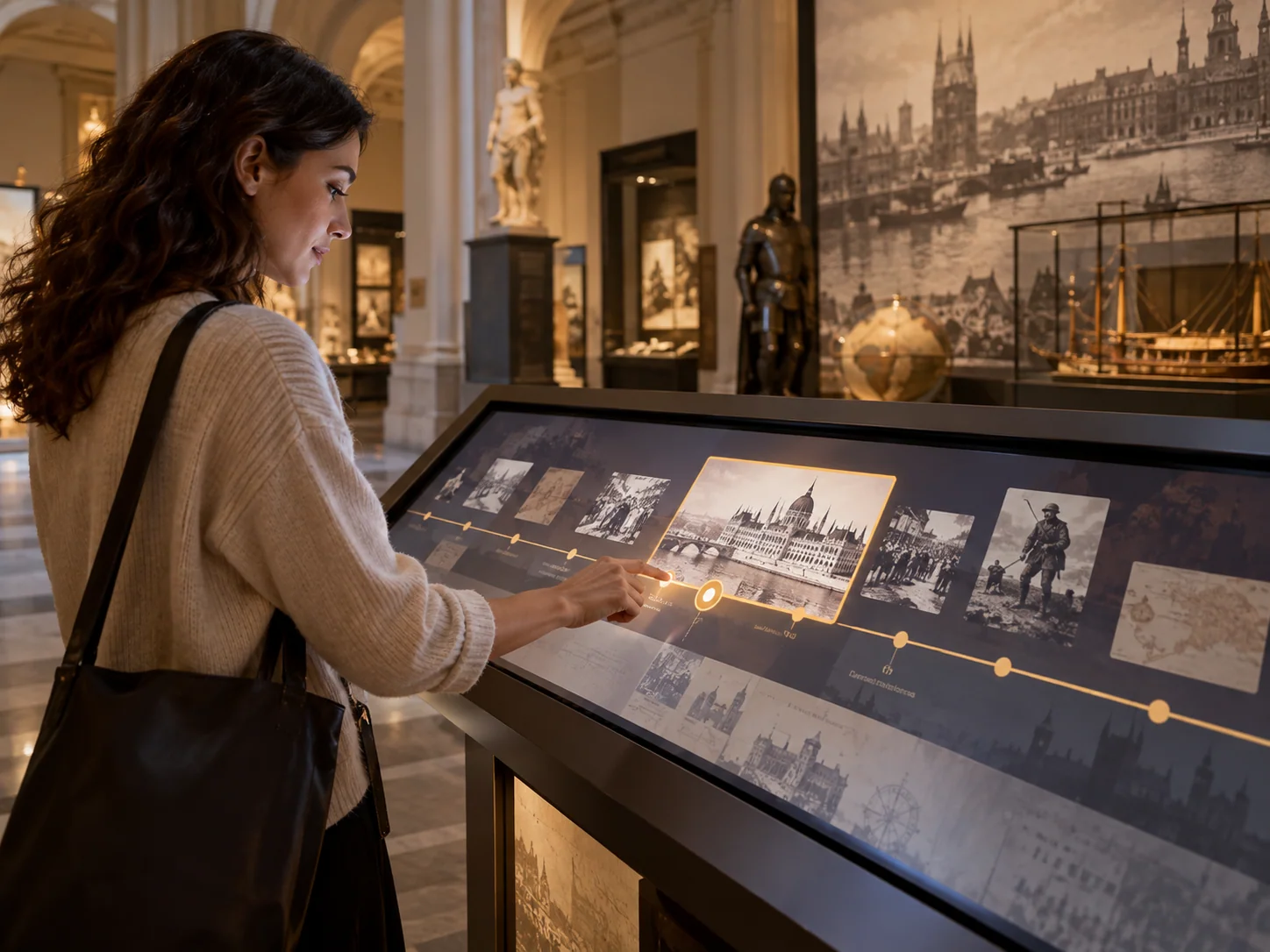Illustrative Timeline installation in History museums, showing visitors using the experience